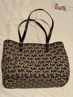Michael Kors Beige and Black MK Logo Canvas Tote